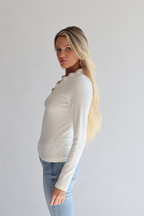 Lily Ribbed Cotton Ruffle Long Sleeve Top