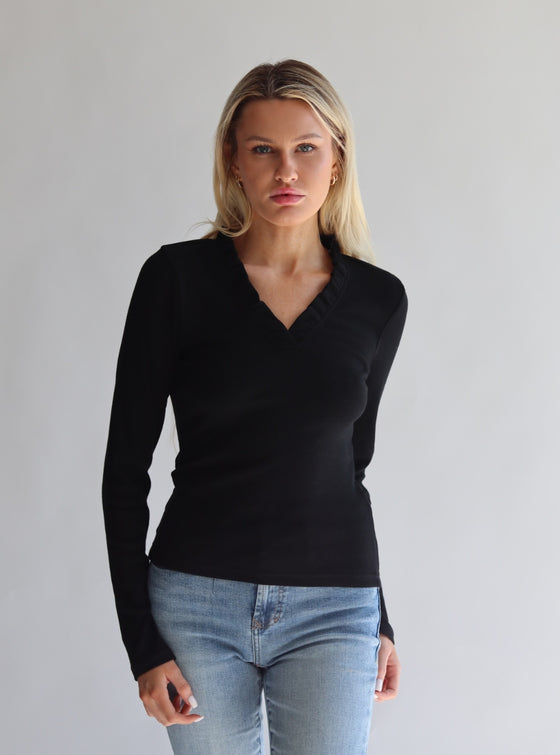 Lily Ribbed Cotton Ruffle Long Sleeve Top